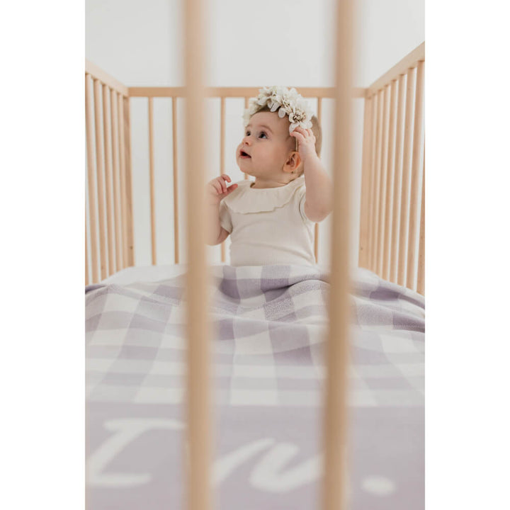 Gingham Check Personalised Name Blanket - Dusty Purple &amp; Ivory
