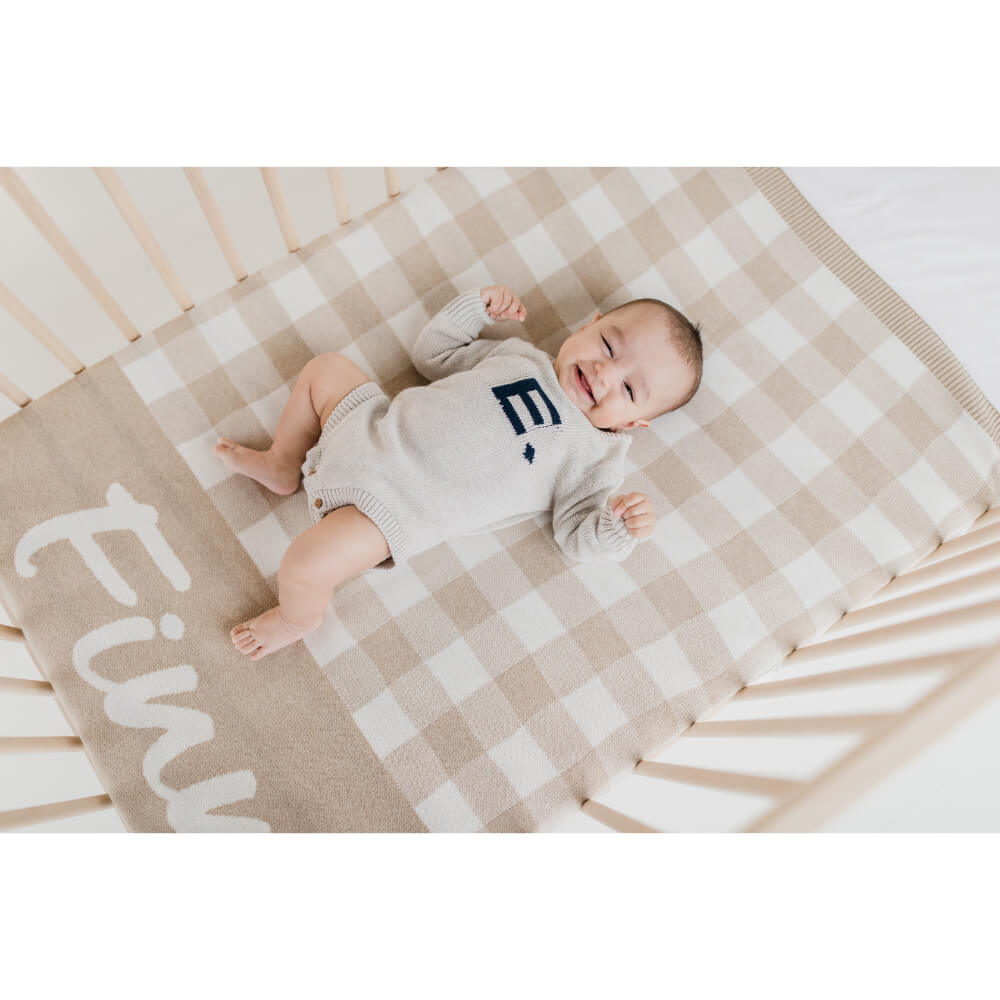 Gingham Check Personalised Name Blanket - Light Camel &amp; Ivory