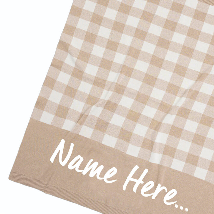 Gingham Check Personalised Name Blanket - Light Camel &amp; Ivory