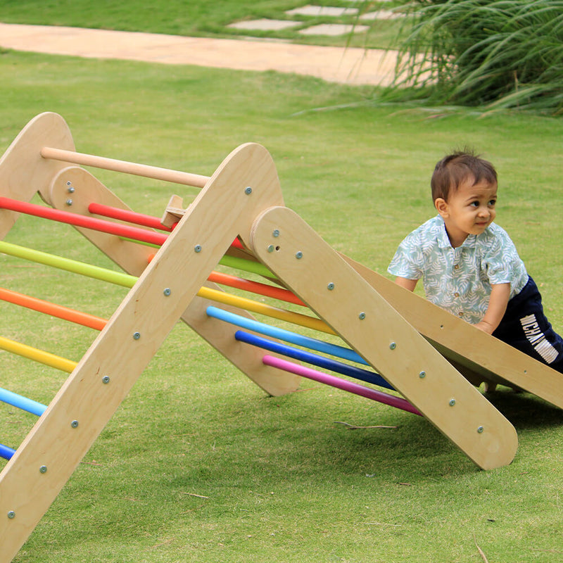 Wooden Rainbow Pikler Triangle + Slide and Climber