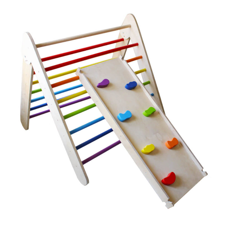 Wooden Rainbow Pikler Triangle + Slide and Climber