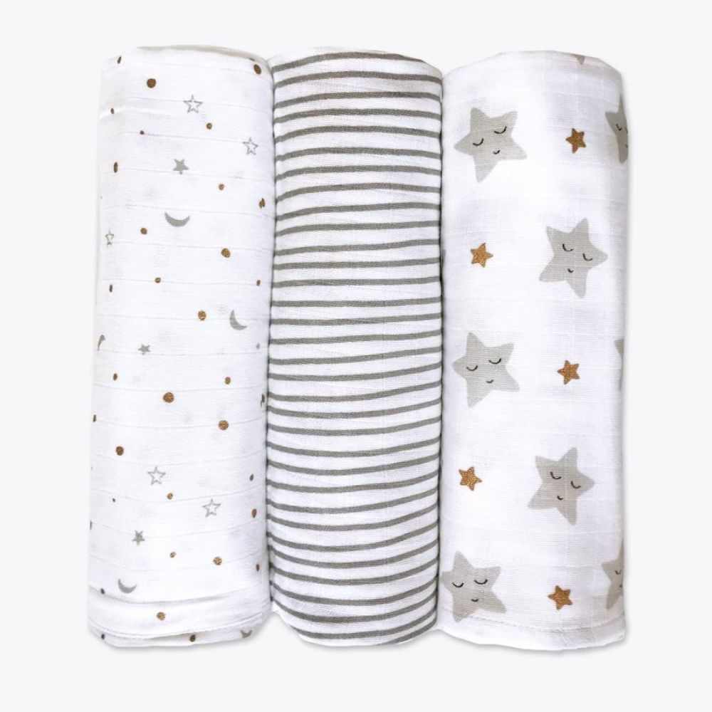 Organic Muslin Swaddles (Set of 3) – Sleepy Star (Metallic)