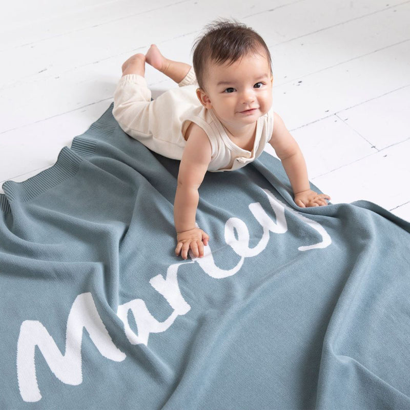 Stone Blue Personalized Organic Cotton Knitted Blanket for kids