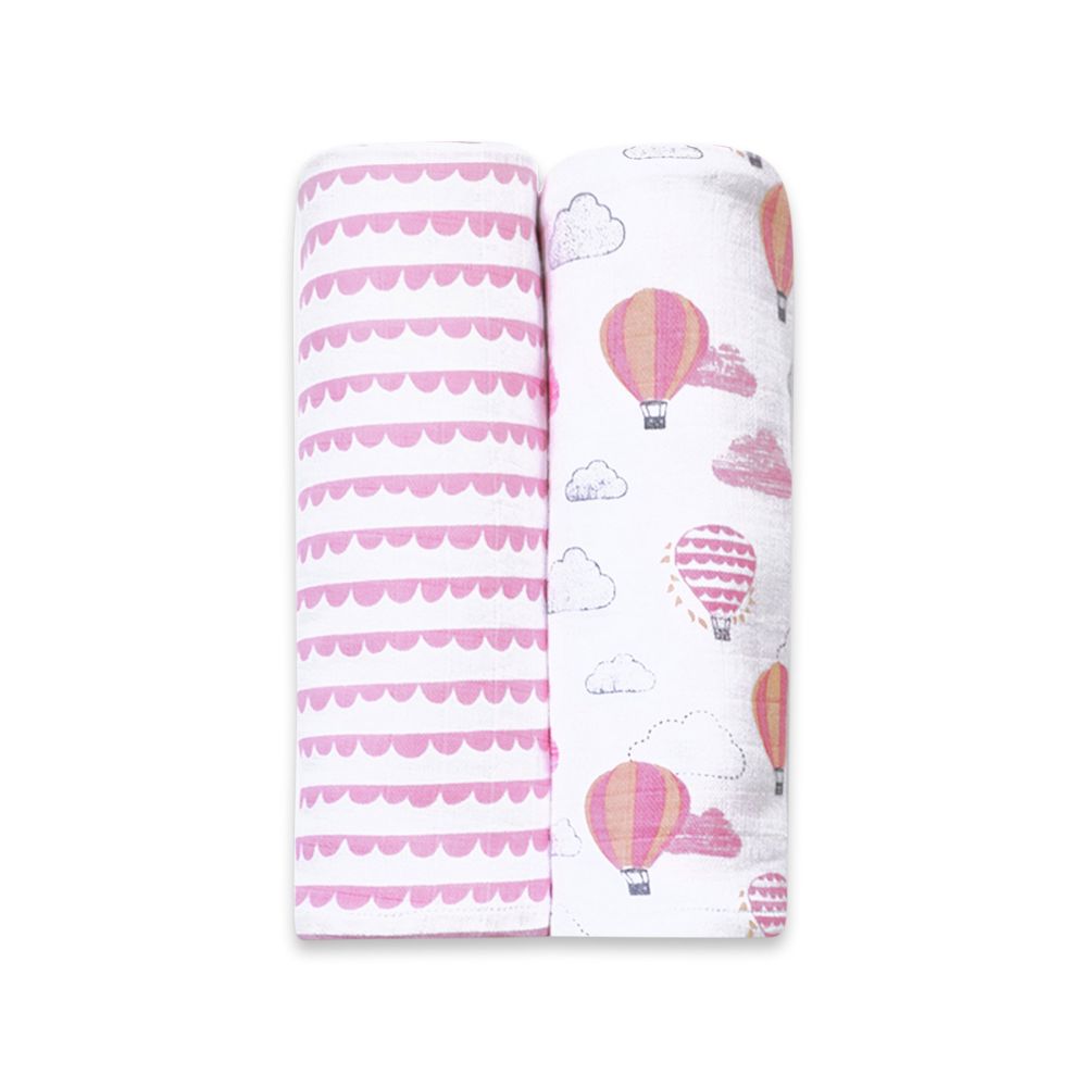 Organic Muslin Swaddles (Set of 2) - Up, Up &amp; Away (Pink)