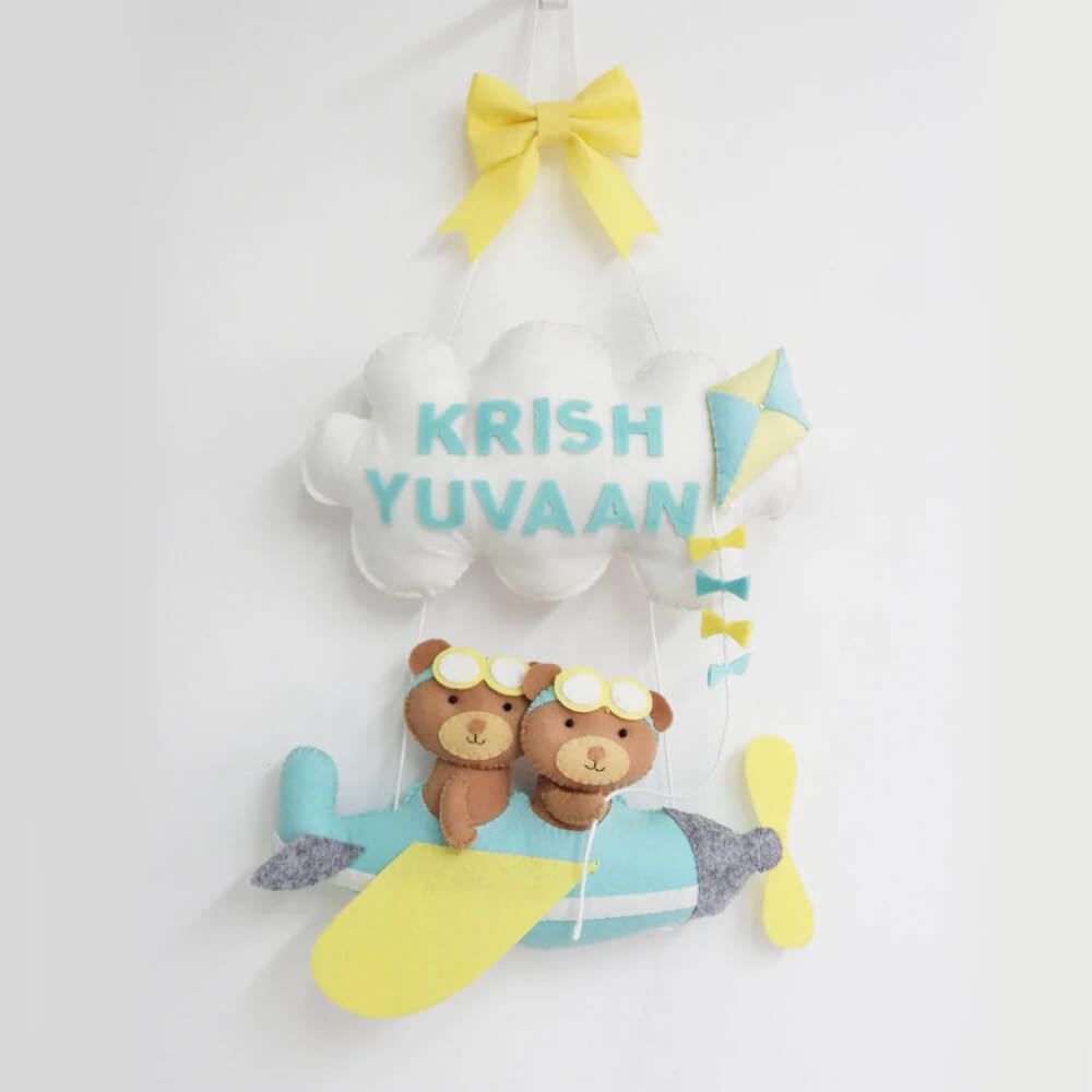 GWD Kids Teddy On a Airplane Twins Personalised Wall Hanging