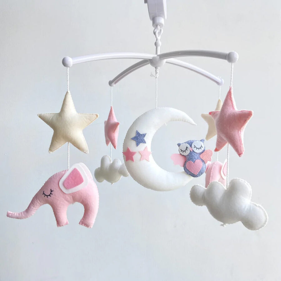 Elephant Owl Moon Crib Mobile -Pink & White